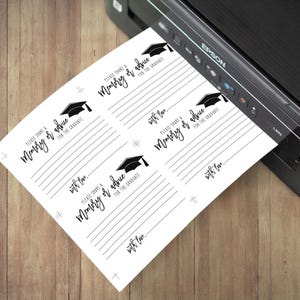 May include: Four printable cards with a graduation cap graphic and the text "Please share a memory or advice for the graduate" with the words "with love" at the bottom of each card.