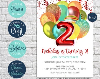 EDITABLE 2nd Birthday Invitation, Balloon Birthday Party Invitation, Boy Birthday Invitation, Red, Primary Colors, Balloon Invite