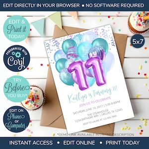 編集可能な11歳の誕生日招待状、紫と水色の11歳の誕生日招待状、11歳の誕生日パーティー、11歳の誕生日招待状、バルーン招待状