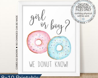 Afdrukbare donut geslacht onthullen teken, meisje of jongen teken, jongen of meisje teken, we donut weten teken, geslacht onthullen teken, donut baby shower