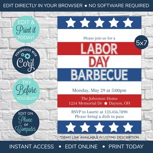 May include: A printable 5x7 inch invitation for a Labor Day barbecue. The invitation features a red, white, and blue American flag design with stars and stripes. The text reads "Please join us for a Labor Day Barbecue" and includes the date, time, location, and RSVP information.