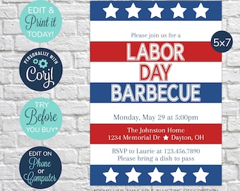 EDITABLE Labor Day Invitation, Labor Day Weekend Party, Summer BBQ Invitation, Backyard BBQ Invitation, Barbecue Invitation, Backyard Party
