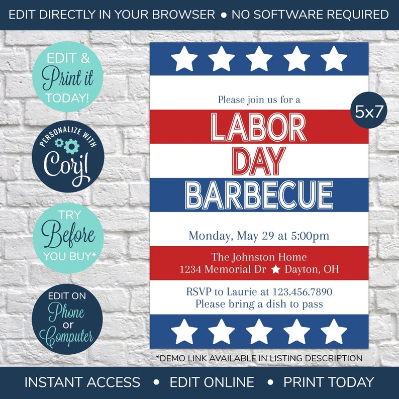 May include: A printable 5x7 inch invitation for a Labor Day barbecue. The invitation features a red, white, and blue American flag design with stars and stripes. The text reads "Please join us for a Labor Day Barbecue" and includes the date, time, location, and RSVP information.