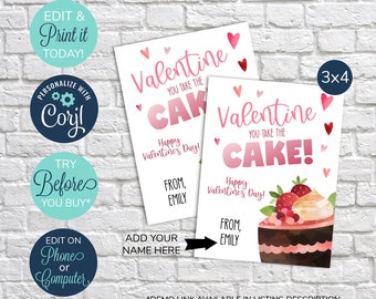 EDITABLE Classroom Valentine's Day Cards, You Take The Cake, Cake Valentine Card, Teaacher valentine, Kids Valentine's Day Card