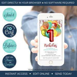 EDITABLE Electronic 1st Birthday Invitation, Balloon Birthday Party Invitation, Boy Birthday Invitation, Red, Primary Colors, Balloon Invite