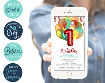 EDITABLE Electronic 1st Birthday Invitation, Balloon Birthday Party Invitation, Boy Birthday Invitation, Red, Primary Colors, Balloon Invite