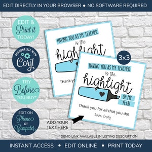 EDITABLE Teacher Appreciation Gift Tag, Highlight of my day, First Day of School Tag template, Highlighter Teacher tag, Back to school tag