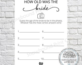 Printable How old was the bride, Guess Brides Age, Wedding Shower Printable Game, Bridal Shower Games Funny, How old was the bride to be