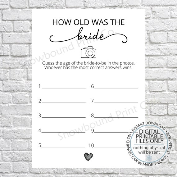 Printable How Old Was the Bride Guess Brides Age Wedding - Etsy