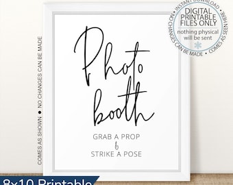Printable Photo Booth sign, Grab a Prop and Strike a Pose, modern black and white wedding sign, photo booth guestbook sign, party signage