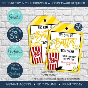 EDITABLE Popcorn Appreciation Gift Tag, Teacher Staff Employee School Appreciation Week Gift, Appreciation Tag, Health Care Worker, Nurse
