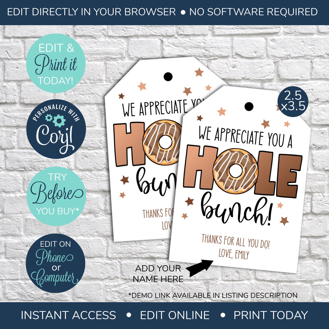 EDITABLE Donut Thank You Tags, Teacher Gift Tags, Appreciate You a Hole ...