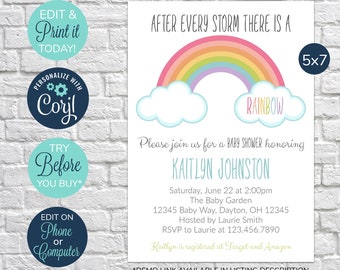 BEWERKBARE Rainbow baby shower uitnodiging, Cloud baby shower uitnodiging, baby na een verlies, genderneutraal, Rainbow douche uitnodiging, Cloud baby