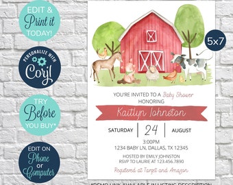 Invitación EDITABLE al baby shower de granja, ducha de género neutro, invitación a animales de granja, baby shower de corral, baby shower para niños, invitación a la granja