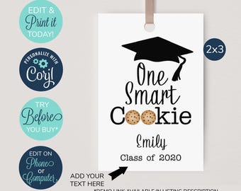 EDITABLE Graduation Party Favor Tags, One Smart Cookie, Personalized Graduation Square Favor Tags, Tassle Favor Tags, Cookie Favor Tag