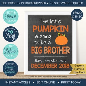 EDITABLE Big Brother Pregnancy Announcement, This Little Pumpkin, Fall Big Brother Announcement, Baby Number 2, Brother Sign, 2nd Baby