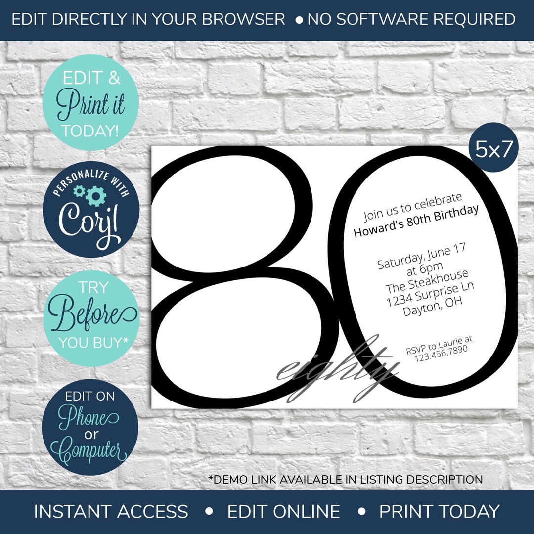 EDITABLE Black and White 80th Birthday Invitation, 80th Invitation