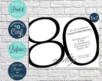 EDITABLE Black and White 80th Birthday Invitation, 80th Invitation, Surprise Birthday Party, 80th Birthday Invite, Adult Birthday