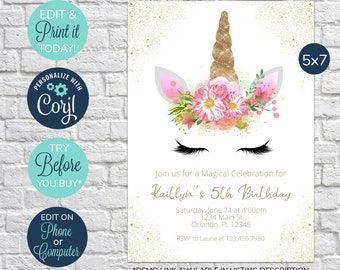May include: A 5x7 inch invitation with a unicorn theme. The design features a gold glitter horn, pink and white flowers, and long black eyelashes. Text includes "Join us for a Magical Celebration" and event details.