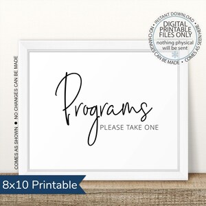 Puede incluir: Cartel imprimible enmarcado en blanco de 8x10 pulgadas con la palabra "Programs" en cursiva. Debajo, el texto dice "PLEASE TAKE ONE". El cartel también incluye el texto "DIGITAL PRINTABLE FILES ONLY".