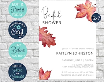 EDITABLE Fall Bridal Shower Invitation, Autumn Leaves Invite, Bridal Shower, Floral Bridal Shower, Wedding Shower Invitation, Fall Shower