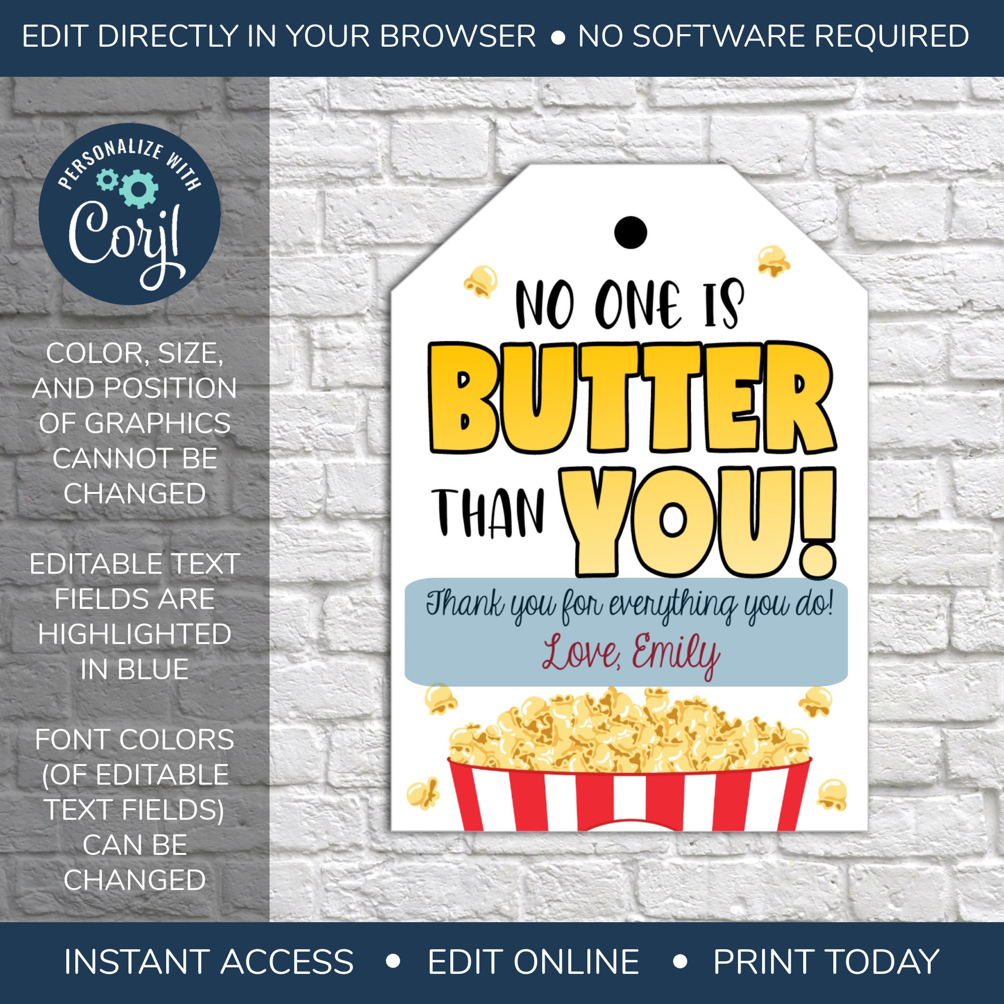 EDITABLE Popcorn Appreciation Gift Tag, Teacher Staff Employee School ...