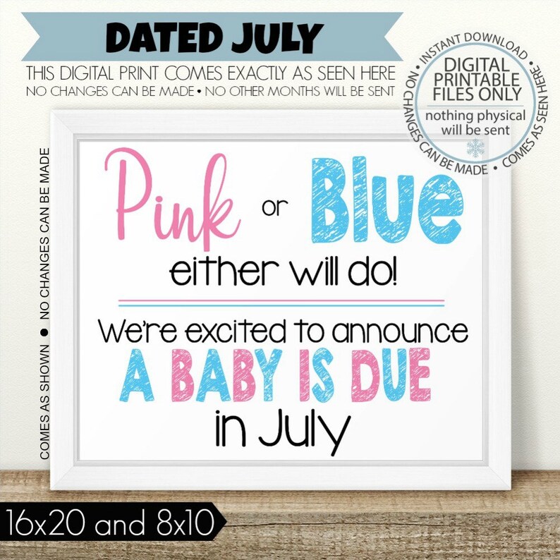 Baby Announcement July Baby Sign Printable Pregnancy Sign boy or girl Pink or Blue Either Will Do PRINTABLE Pregnancy Announcement