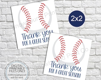 May include: Two printable thank you cards with a baseball graphic. The cards are white with blue and red text. The text on the cards reads "Thank you for a great season!"
