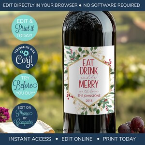 Étiquette de vin de Noël MODIFIABLE, mangez, buvez et soyez joyeux, étiquettes de bouteille de vin imprimables, étiquette de vin cadeau de Noël, alternative de carte de vœux