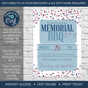 K&ouml;nnte beinhalten: Eine druckbare Einladung zu einem Memorial Day BBQ. Die Einladung ist mit rot-wei&szlig;-blauem Konfetti verziert. Der Text auf der Einladung lautet "Bitte schlie&szlig;en Sie sich uns zu einem Memorial Day BBQ an" und enth&auml;lt Datum, Uhrzeit und Ort der Veranstaltung. Die Einladung enth&auml;lt auch den Text "Bitte bringen Sie eine Beilage oder ein Dessert zum Teilen mit".