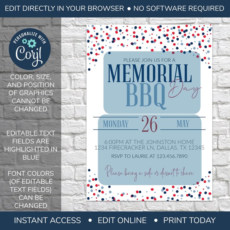 K&ouml;nnte beinhalten: Eine druckbare Einladung zu einem Memorial Day BBQ. Die Einladung ist mit rot-wei&szlig;-blauem Konfetti verziert. Der Text auf der Einladung lautet "Bitte schlie&szlig;en Sie sich uns zu einem Memorial Day BBQ an" und enth&auml;lt Datum, Uhrzeit und Ort der Veranstaltung. Die Einladung enth&auml;lt auch den Text "Bitte bringen Sie eine Beilage oder ein Dessert zum Teilen mit".
