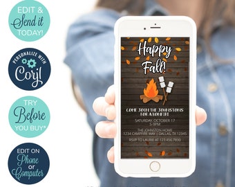 May include: A smartphone displays a fall-themed invitation with the text "Happy Fall!" and a bonfire graphic. The invitation includes event details and the option to edit online. Additional text includes "Edit & Send it Today!" and "Try Before You Buy*."