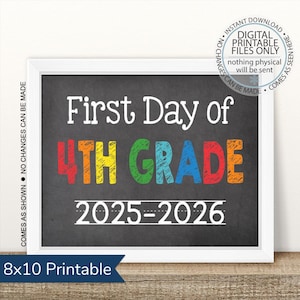 Printable First Day of Fourth Grade 2024-2025, First Day of School, First Day Picture, First Day Photo Prop, chalkboard sign, school sign