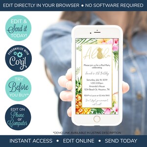EDITABLE Electronic Luau Birthday Invites, Aloha Pineapple Invitations, Summer Birthday Invite, Adult, Kid's Birthday, Hawaiian Theme Party