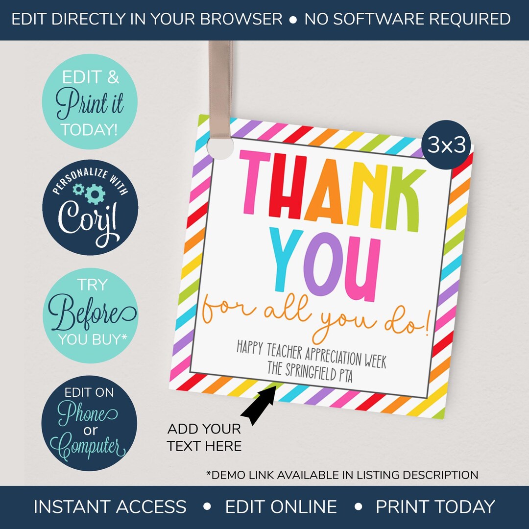 EDITABLE Thank You for All You Do Gift Tag, Teacher Appreciation, Nurse ...