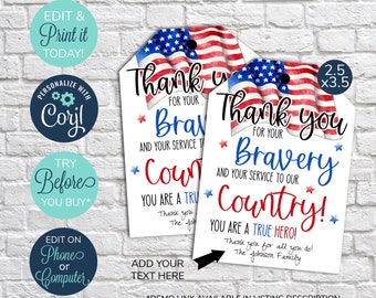 EDITABLE Military Thank You Gift Tag, Thank you for your service, Veteran's Day, 4th of July, Military, First Responder, Hero Bravery