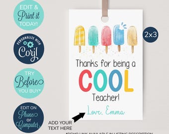 EDITABLE Thanks for being a Cool Teacher Tag, Printable Teacher Thank You Tag, Teacher Appreciation Gift Tags, Popsicle Teacher Tag