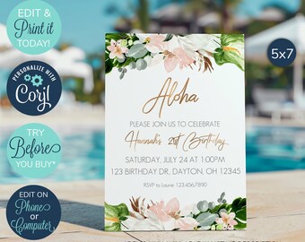EDITABLE Luau Birthday Invites, Aloha Pineapple Invitations, Summer Birthday Invite, Adult Birthday, Kid's Birthday, Hawaiian Theme Party