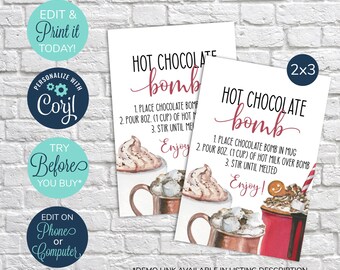 Etiqueta de bomba de chocolate caliente EDITABLE, Etiqueta de bomba de cacao caliente de Navidad, Etiqueta de bomba, Instrucciones, Etiqueta de regalo de Navidad, Etiqueta de San Valentín