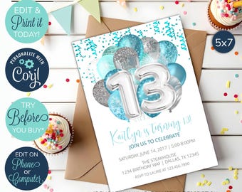 Invitación editable para el 13.º cumpleaños, invitación turquesa y plateada para el 13.º cumpleaños, fiesta de decimotercer cumpleaños, 13 cumpleaños, adolescente, invitación con globos