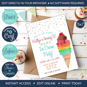 EDITABLE Ice Cream Birthday Invites, Birthday party invitation, Here&#39;s the Scoop Party invitation, Summer party invitation, Ice Cream Party