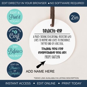 EDITABLE Appreciation Gift Tag, Teacher School Appreciation Week Gift, Teacher Thank You, Teacher Thank You Tag, Teacher Definition