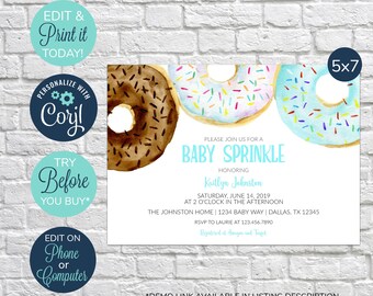 May include: A baby sprinkle invitation with a watercolor illustration of three donuts with sprinkles. The invitation is for Kaitlyn Johnston and is for Saturday, June 14, 2019 at 2 o'clock in the afternoon. The invitation is 5x7 inches.