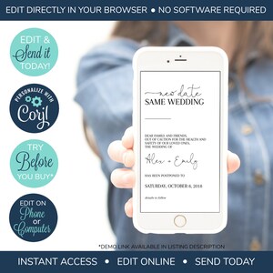 May include: A smartphone mockup showing a wedding announcement with the text "new date SAME WEDDING" and the message "Dear family and friends, out of caution for the health and safety of our loved ones, the wedding of Alex + Emily has been postponed to Saturday, October 8, 2018. Details to follow."