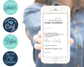 EDITABLE Electronic Postponed Wedding Announcement, Change of Plans, Event Change, Save the Date Card, New Date Same Wedding, Date Change