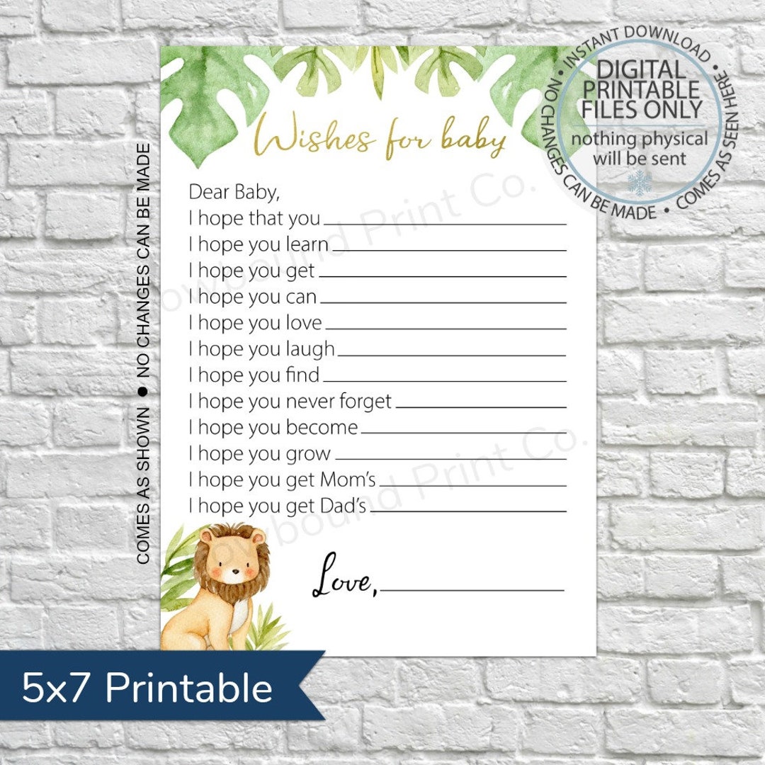 Printable Wishes for Baby Shower Game, Jungle Baby Shower, Shower ...
