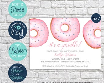 EDITABLE Baby Sprinkle Invitation, Sprinkle Baby Shower Invite, Pink Donuts, Baby Girl, Donut Baby Shower, Doughnut Baby Shower Invite