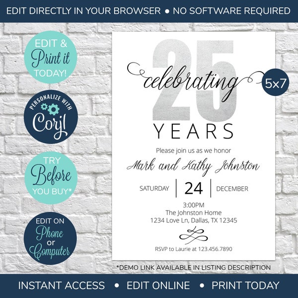 EDITABLE 25th Anniversary Invitation, Silver Anniversary Invitation, Anniversary Shower, Wedding Anniversary, Silver 25th Invitation