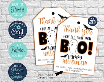 May include: Two printable Halloween gift tags with a ghost and bats. The tags are white with orange and black text. The text says "Thank you for all that you BOO! Happy Halloween!" and "We couldn't have done it without you! The Springfield PTA".