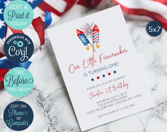 EDITABLE Little Firecracker Birthday Invitation, First Birthday, 4th of July Birthday Invite, Summer Birthday, Firecracker 1st Birthday